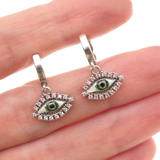 925 Sterling Silver Enamel & C Z Evil Eye Dangle Charm Hoop Earrings