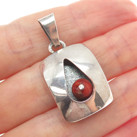 925 Sterling Silver Vintage BK Poland Real Coral Modernist Oxidized Pendant