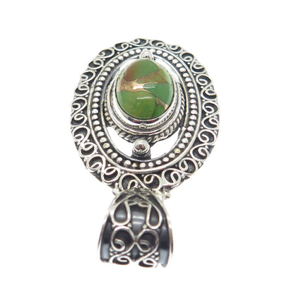 925 Sterling Silver Vintage Real Green Turquoise Gemstone Boho Ornate Pendant