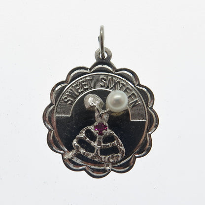CREA Sterling Silver Vintage Real Pearl Rhinestone "Sweet Sixteen" Mini Pendant