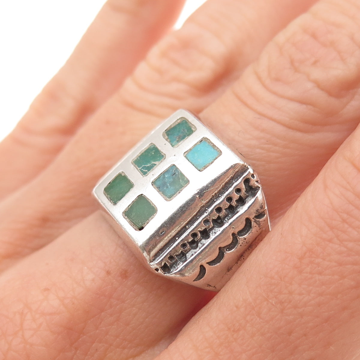 Old Pawn 925 Sterling Silver Vintage Southwestern Turquoise Tribal Ring Size 9.5