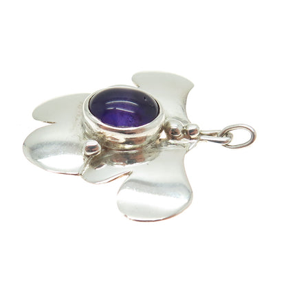 925 Sterling Silver Vintage Real Amethyst Gemstone Modernist Pendant
