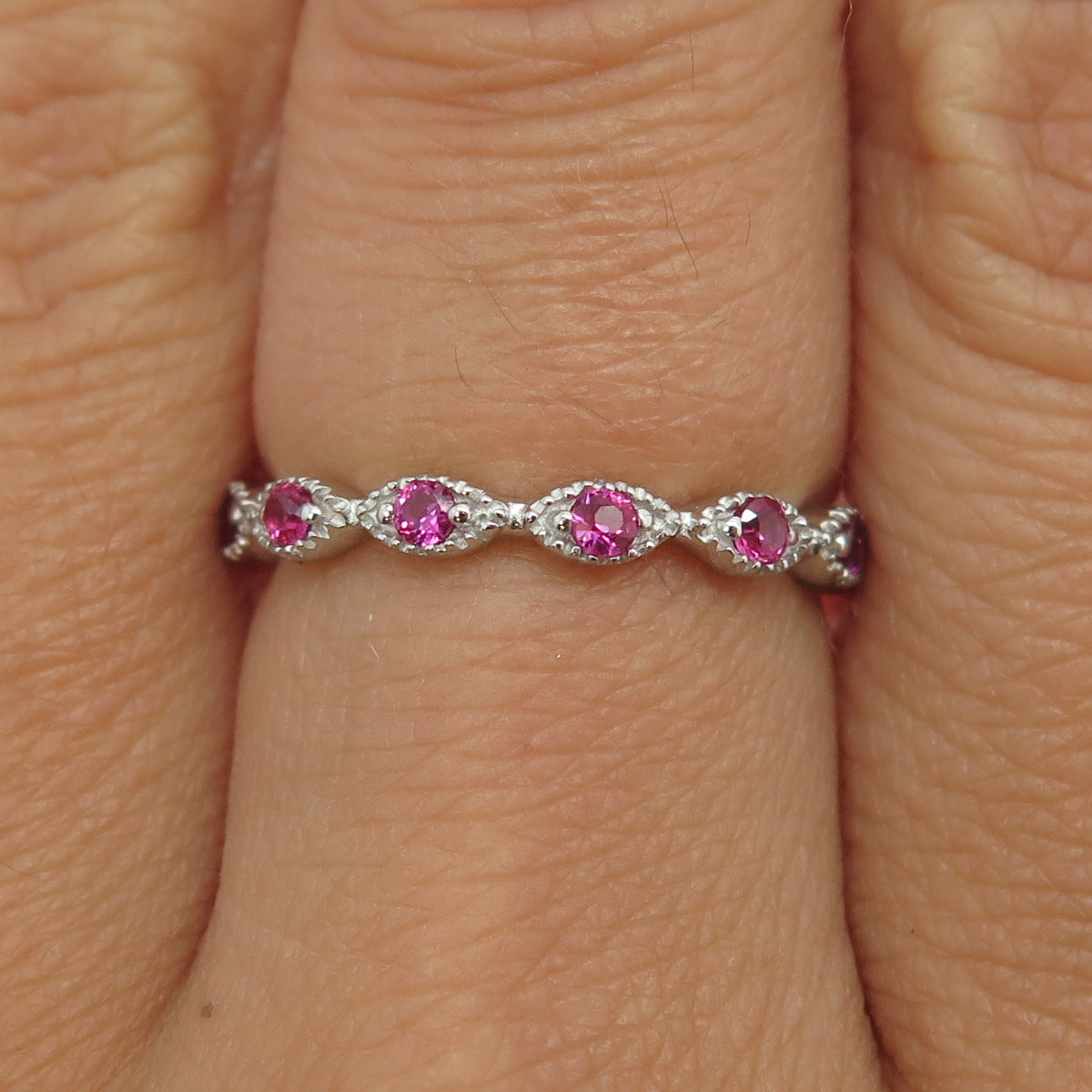 925 Sterling Silver Lab-Created Pink Sapphire All Around Eternity Ring Size 6.75