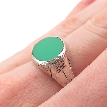 925 Sterling Silver Antique Art Deco Real Oval-Cut Green Onyx Ring Size 9