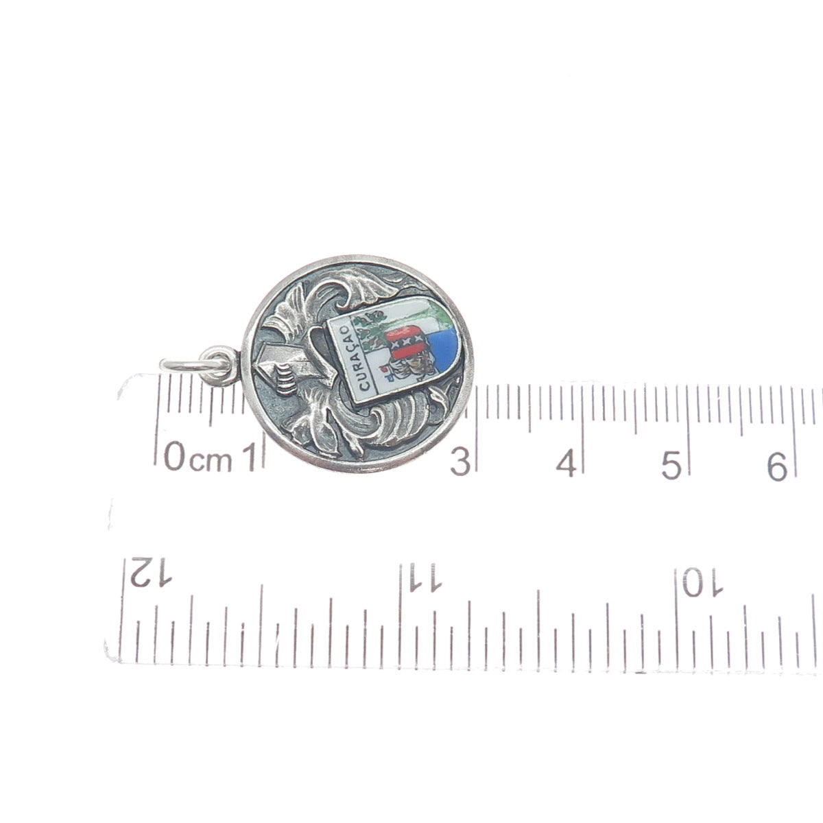 925 Sterling Silver Vintage Enamel Curacao Caribbean Island Tag Charm Pendant
