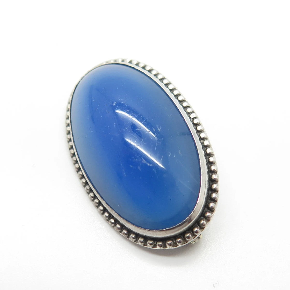 925 Sterling Silver Vintage Real Blue Glass Pin Brooch