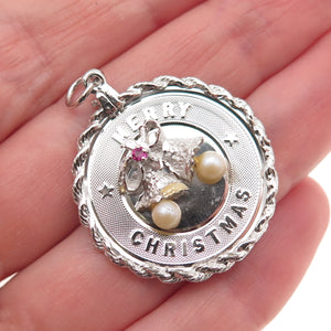 925 Sterling Silver Vintage Faux Pearl Rhinestone Merry Christmas Bells Pendant
