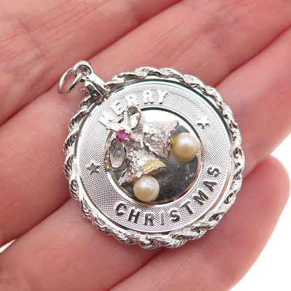 925 Sterling Silver Vintage Faux Pearl Rhinestone Merry Christmas Bells Pendant