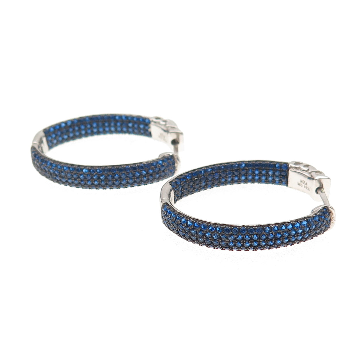 925 Sterling Silver Round-Cut Blue C Z In & Out Hoop Earrings