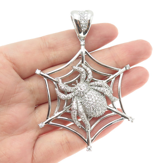 925 Sterling Silver Round-Cut C Z Spider Web Pendant