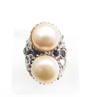 925 Sterling Silver Vintage Real Pearl Red Garnet & Peridot Ring Size 8.25