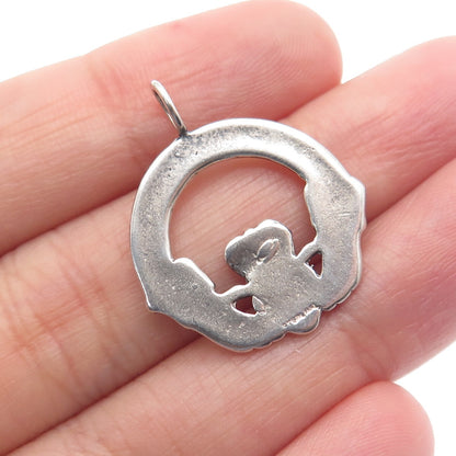 925 Sterling Silver Vintage Irish Claddagh Diamond-Cut Minimalist Charm Pendant