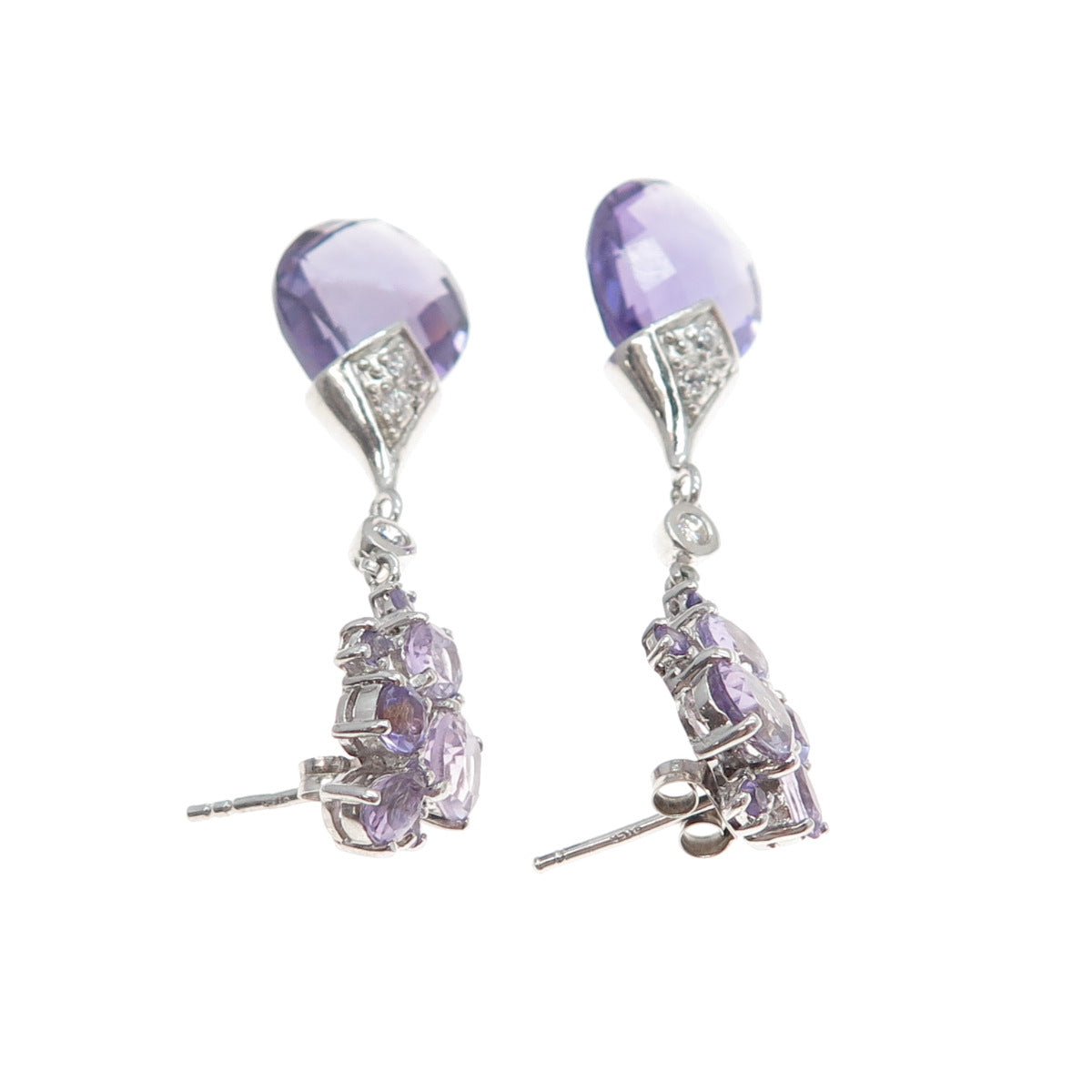 925 Sterling Silver Real Amethyst & White Topaz Dangle Earrings