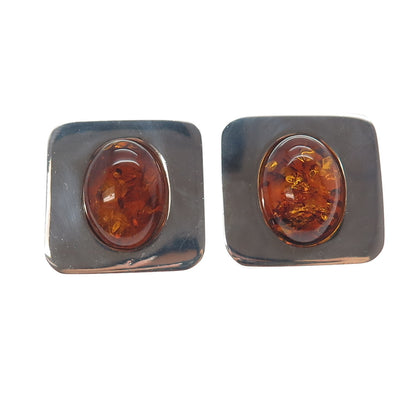 925 Sterling Silver Vintage Real Amber Modernist Omega Back Earrings