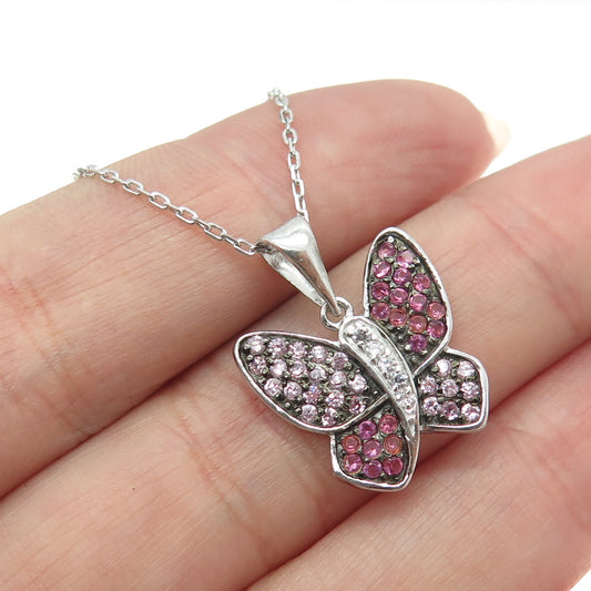 925 Sterling Silver Round-Cut Multi-Pink C Z Butterfly Cable Chain Necklace 16"