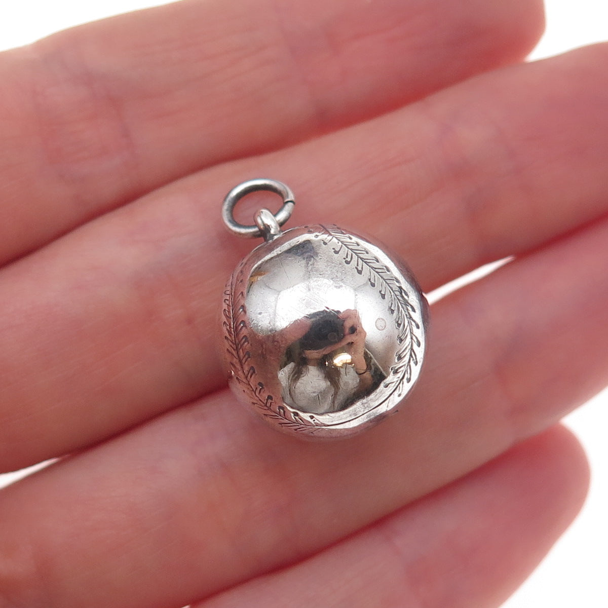 925 Sterling Silver Antique Art Deco Baseball Ball Oxidized 3D Charm Pendant