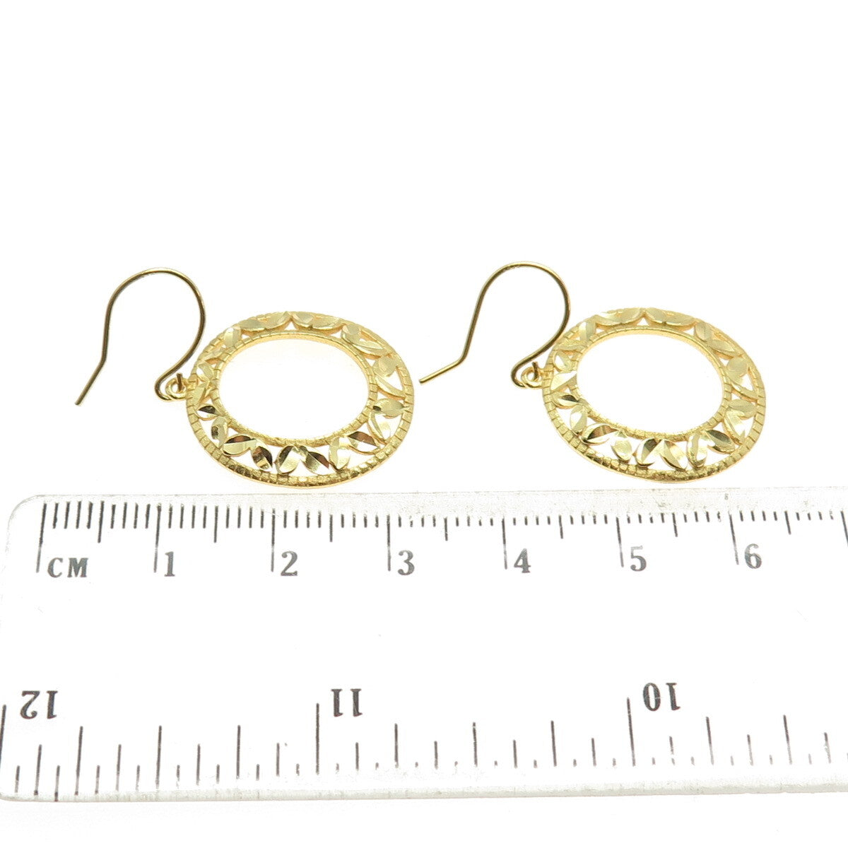 925 Sterling Silver Gold Plated Diamond-Cut Floral Leaf Dangle Earrings
