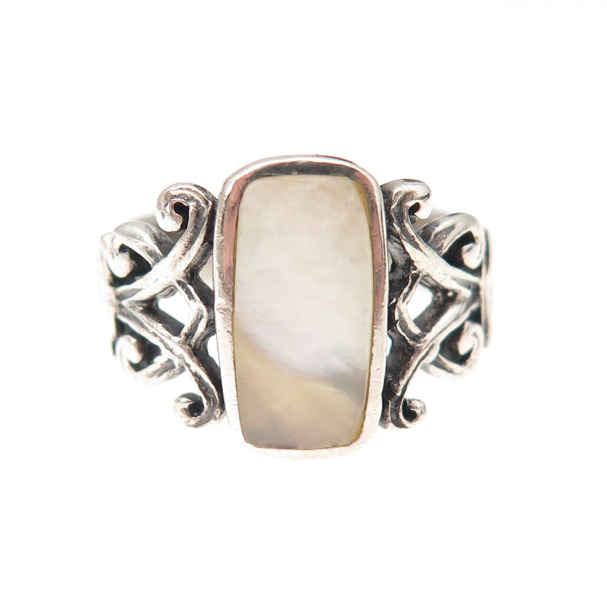 925 Sterling Silver Vintage Mexico Real MOP Heart Oxidized Ring Size 5