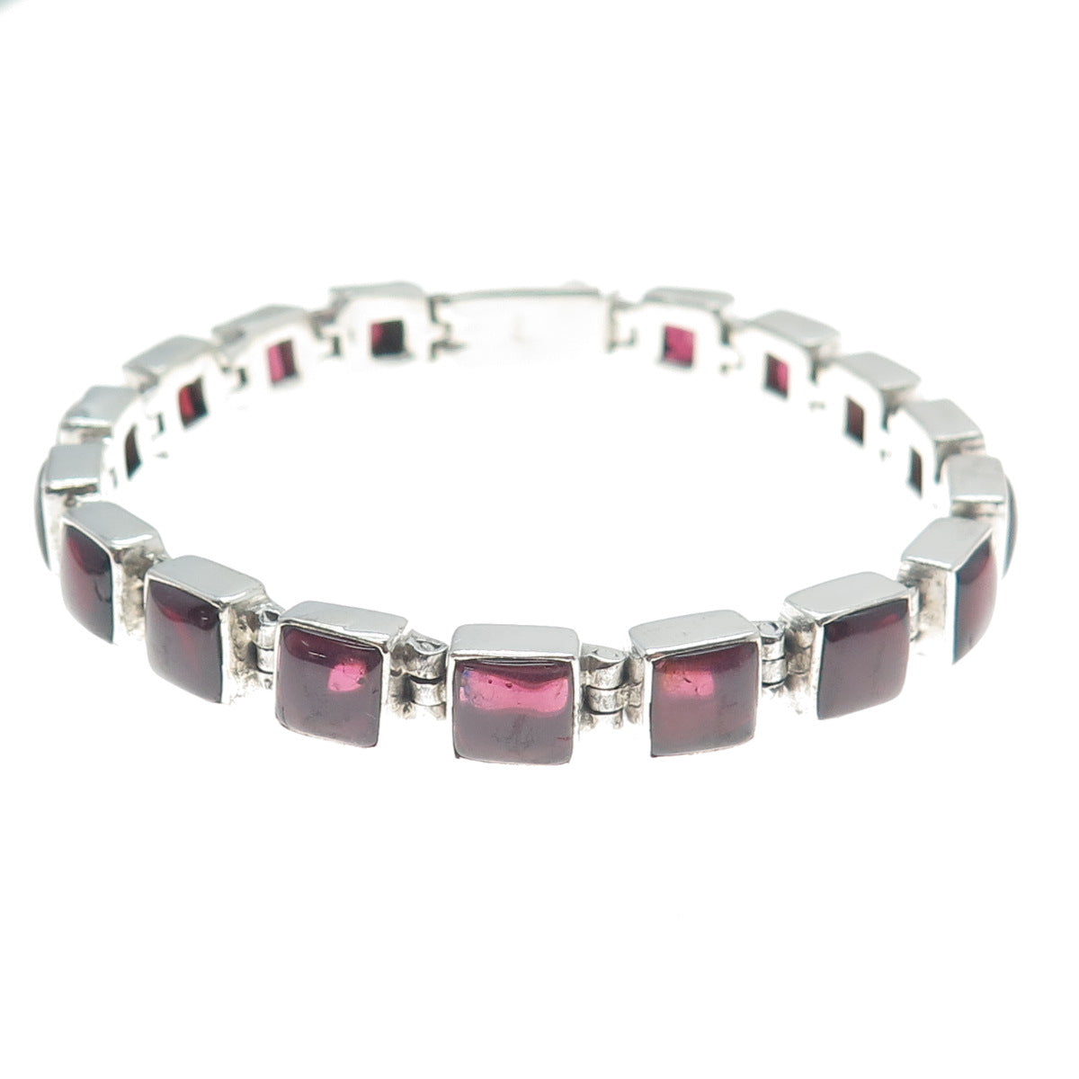 925 Sterling Silver Vintage Real Tourmaline Square Link Bracelet 7.5"
