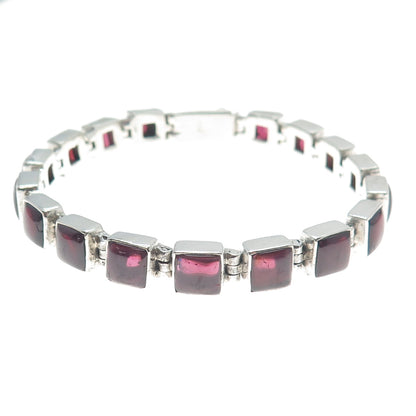 925 Sterling Silver Vintage Real Tourmaline Square Link Bracelet 7.5"