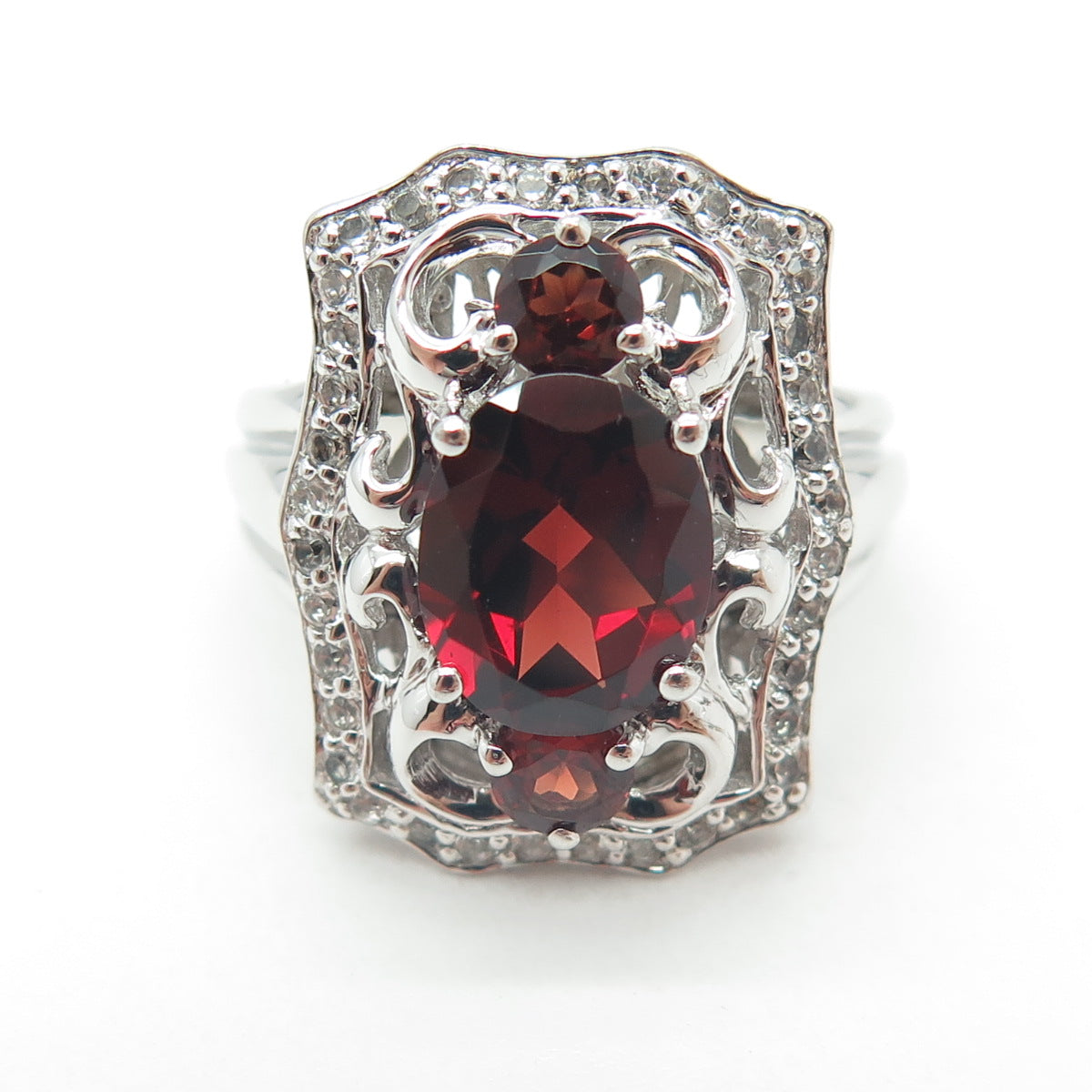 925 Sterling Silver Real White Topaz & Red Garnet Gemstone Ring Size 8.25