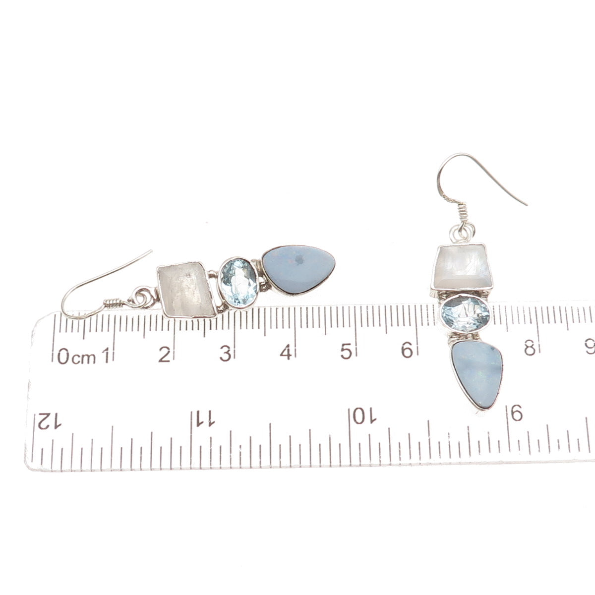 925 Sterling Silver Vintage Real Moonstone Opal & Blue Topaz Dangle Earrings