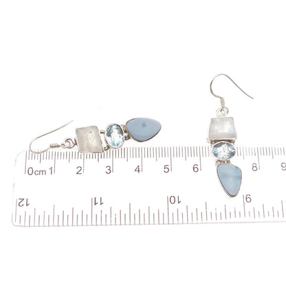 925 Sterling Silver Vintage Real Moonstone Opal & Blue Topaz Dangle Earrings
