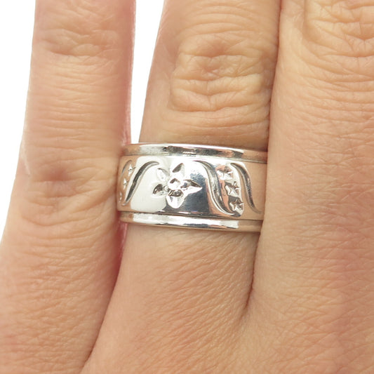 925 Sterling Silver Vintage Floral & Star Band Ring Size 7.75