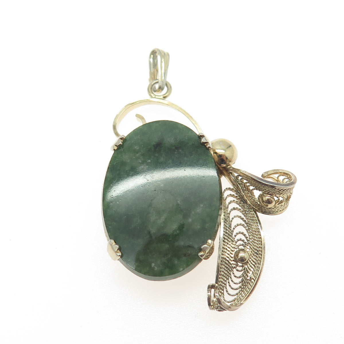 SORRENTO 925 Sterling Silver Gold Plated Vintage Real Jade Filigree Pendant