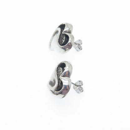 925 Sterling Silver Vintage Modernist Heart Oxidized Stud Earrings