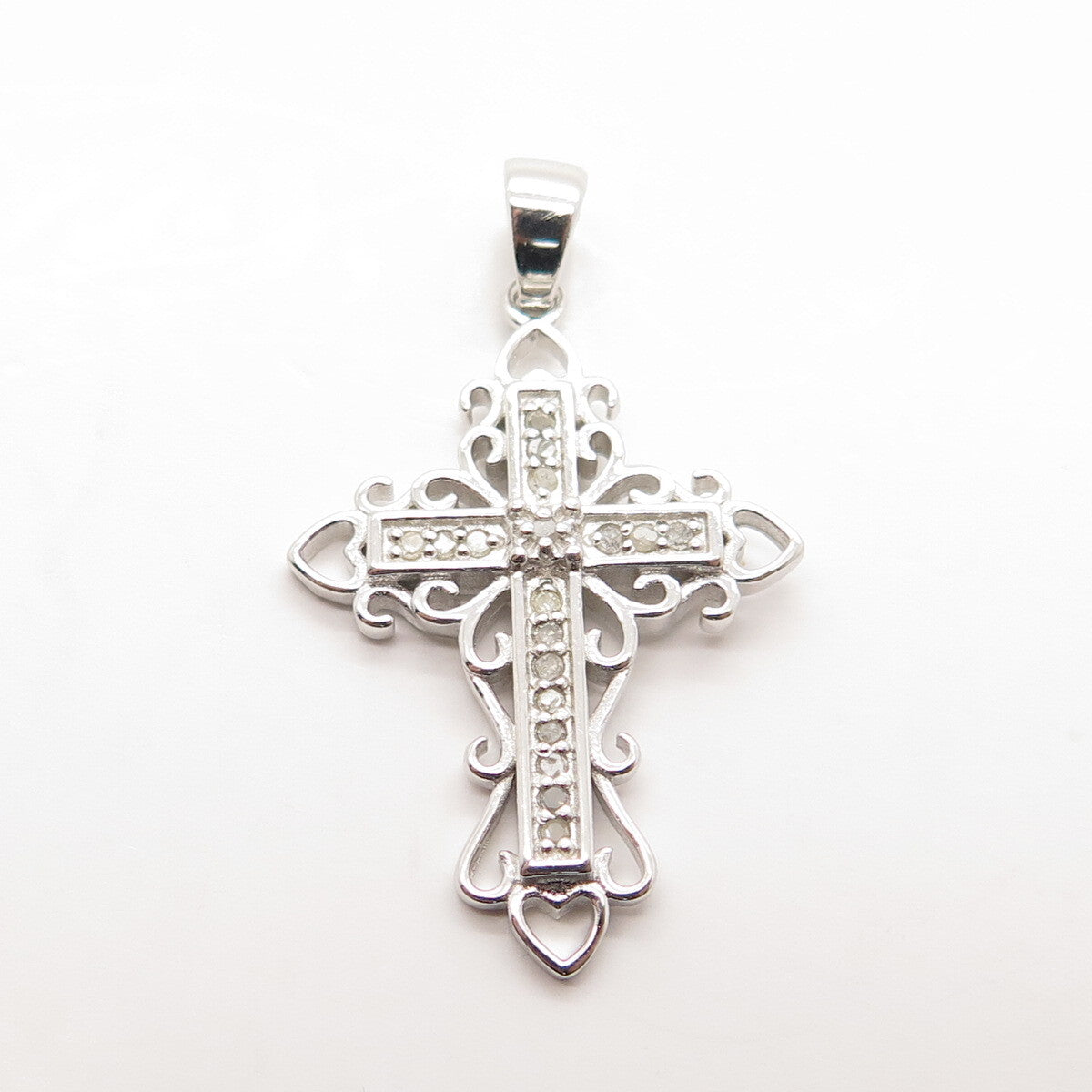 HAN 925 Sterling Silver Real Round-Cut White Diamond Cross Pendant