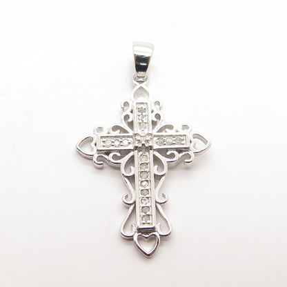 HAN 925 Sterling Silver Real Round-Cut White Diamond Cross Pendant
