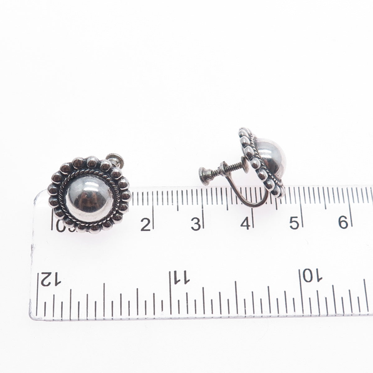 925 Sterling Silver Vintage Beaded Sun Oxidized Screw Back Earrings