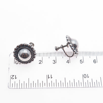 925 Sterling Silver Vintage Beaded Sun Oxidized Screw Back Earrings