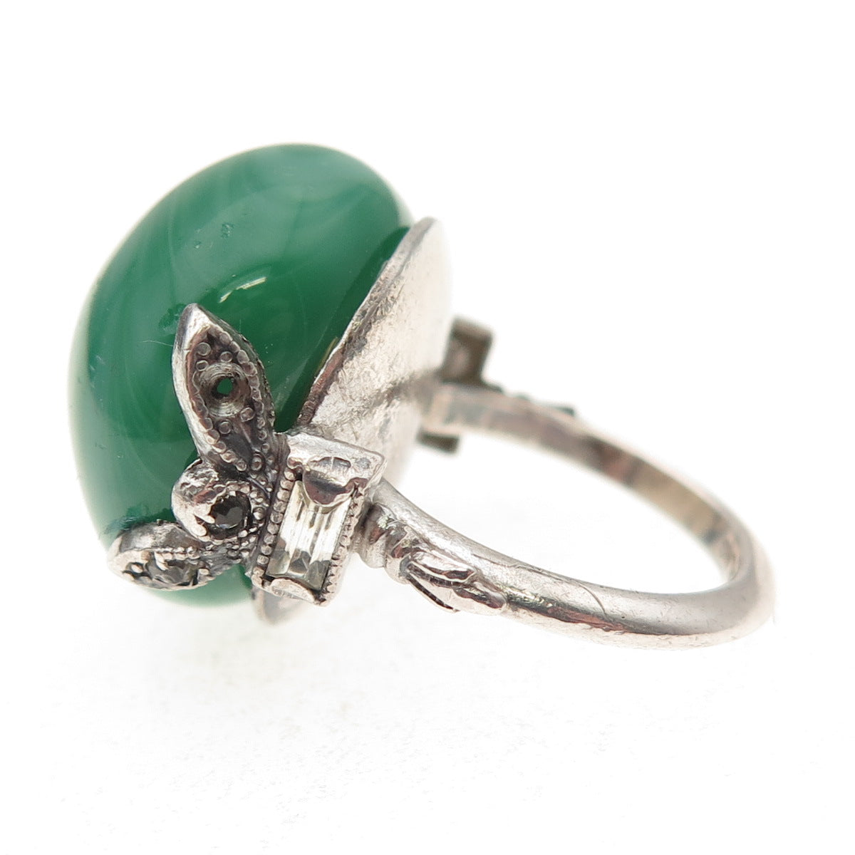 925 Sterling Antique Real Agate & Rhinestone Ring Size 2.5 (missing 1 stone)