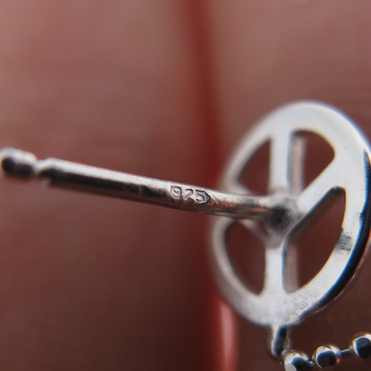 925 Sterling Silver Peace Symbol Ball Beaded Chain Dangle Earrings