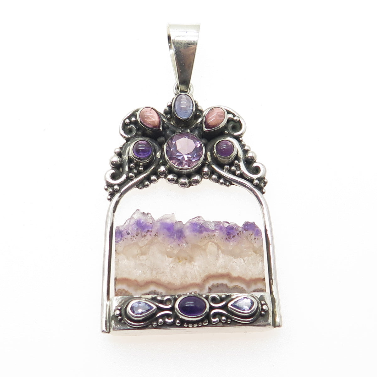 SAJEN 925 Sterling Silver Vintage Amethyst Tanzanite Tourmaline Amulet Pendant