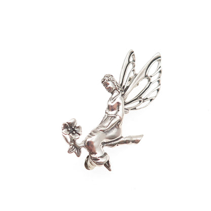 Jezlaine 925 Sterling Silver Vintage Fairy Floral Oxidized Pin Brooch