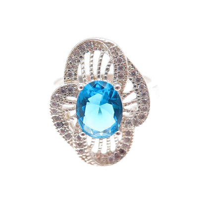 925 Sterling Silver Blue & White C Z Flower Ring Size 7.5
