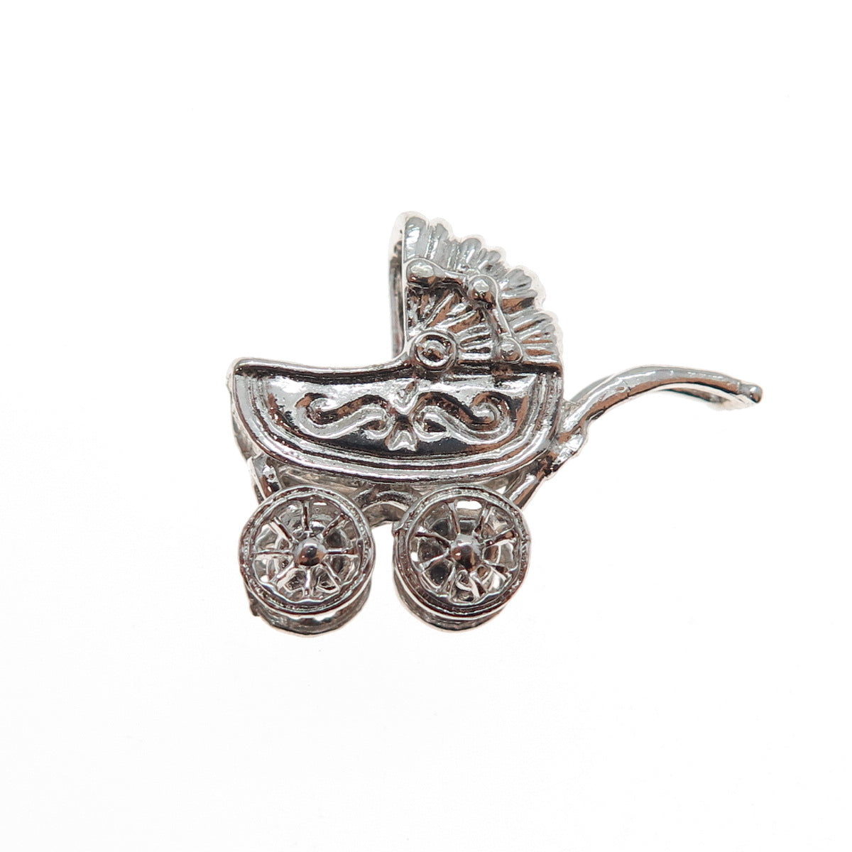 925 Sterling Silver Vintage Baby Stroller Mini 3D Charm Pendant