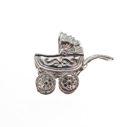 925 Sterling Silver Vintage Baby Stroller Mini 3D Charm Pendant