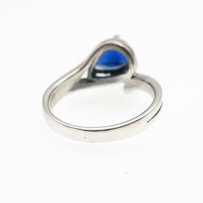 925 Sterling Silver Vintage Pear-Cut Blue C Z Modernist Oxidized Ring Size 6
