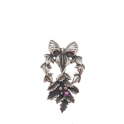 FRANKLIN MINT 925 Sterling Silver Vintage 1982 Real Ruby Holly Bow Slide Pendant