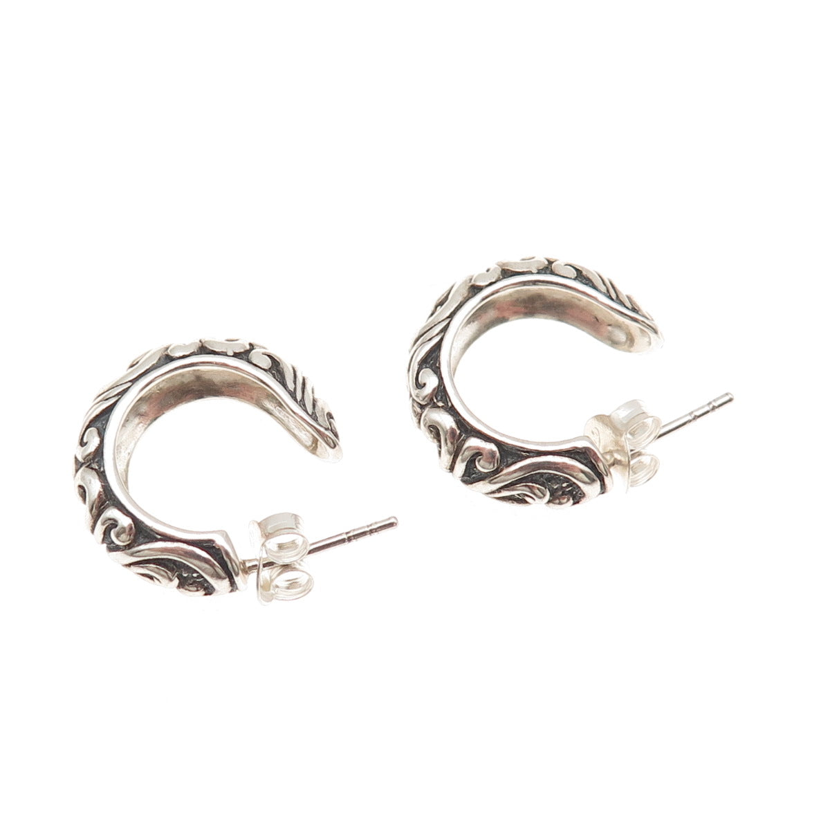 925 Sterling Silver Vintage Oxidized Ornate Hoop Earrings