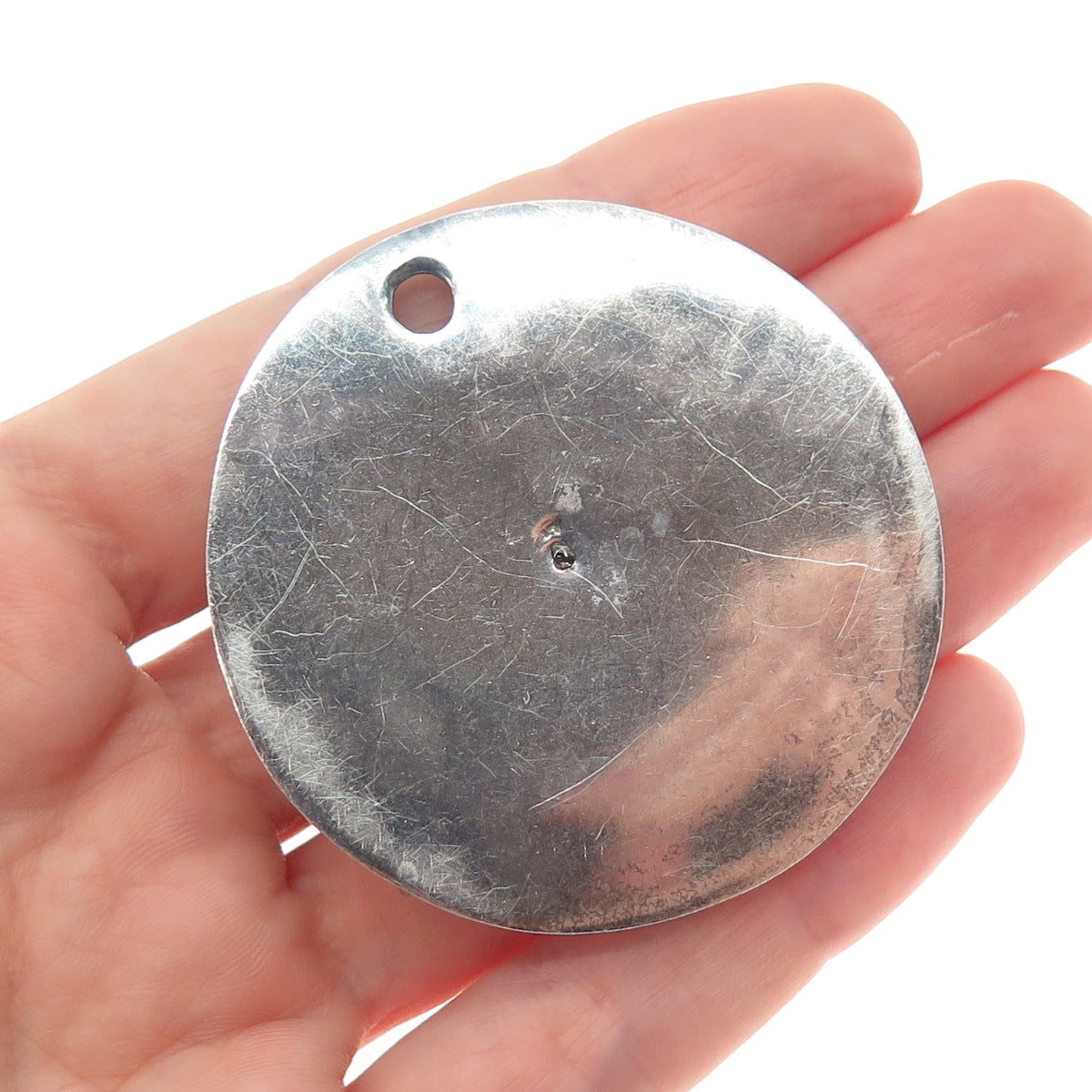 925 Sterling Silver Vintage Modernist Hammered Disc Oxidized Pendant