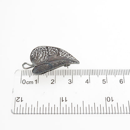 835 Silver Antique Art Deco Portugal Floral Leaf Filigree Oxidized Pin Brooch
