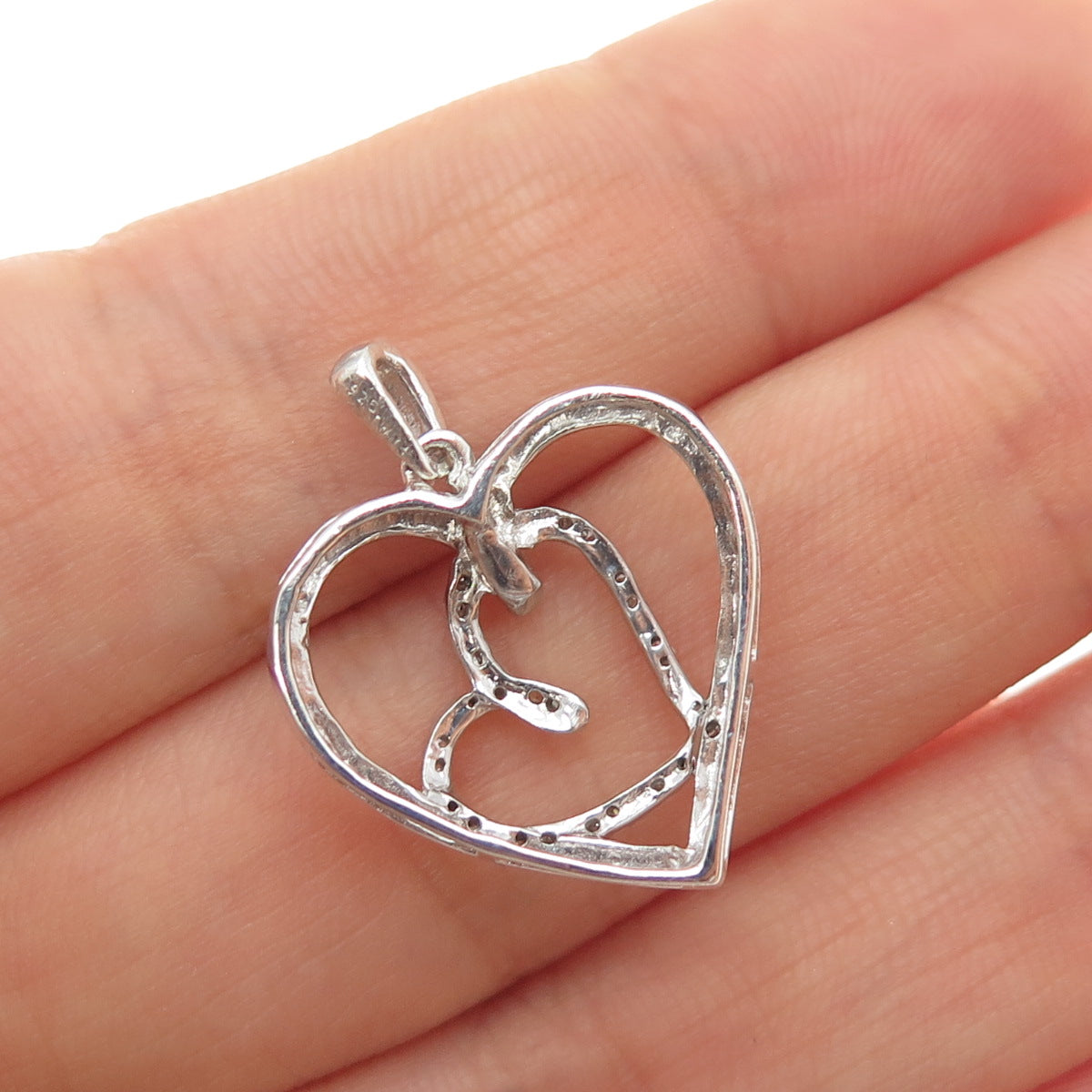 925 Sterling Silver Real Round-Cut Diamond Couple Heart Mini Charm Pendant