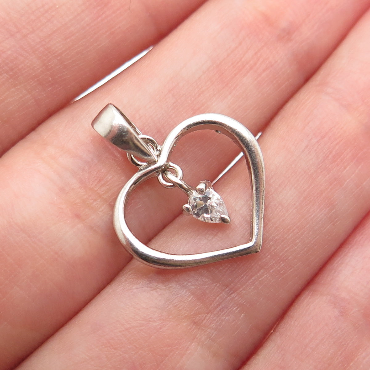925 Sterling Silver Pear-Cut C Z Heart Minimalist Charm Pendant