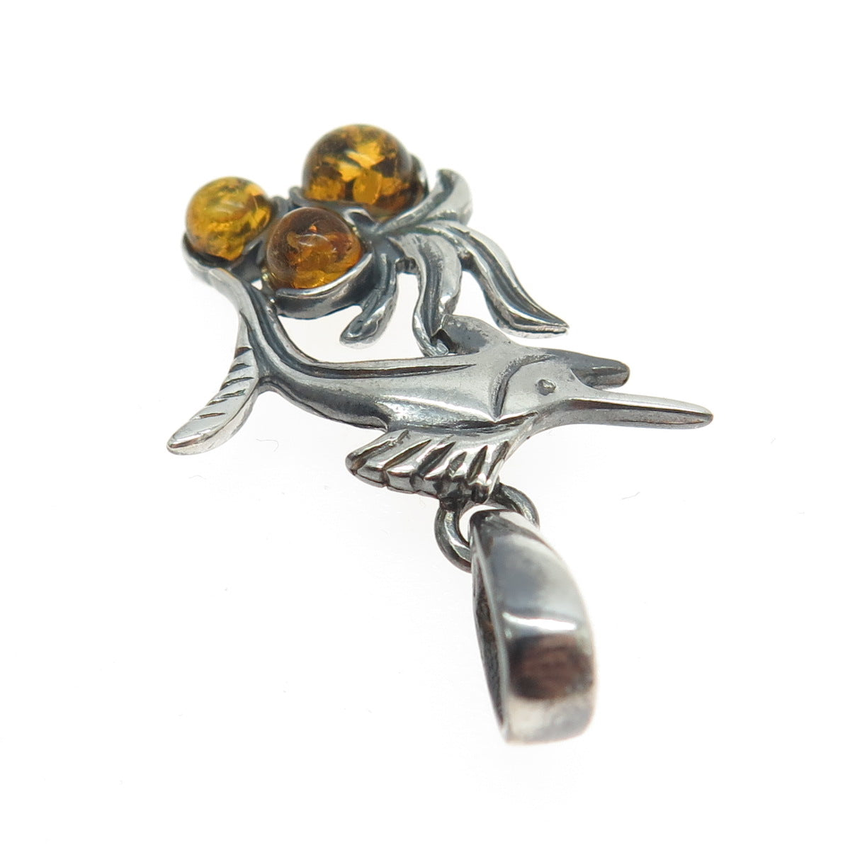 925 Sterling Silver Vintage Real Amber Swordfish Oxidized Pendant