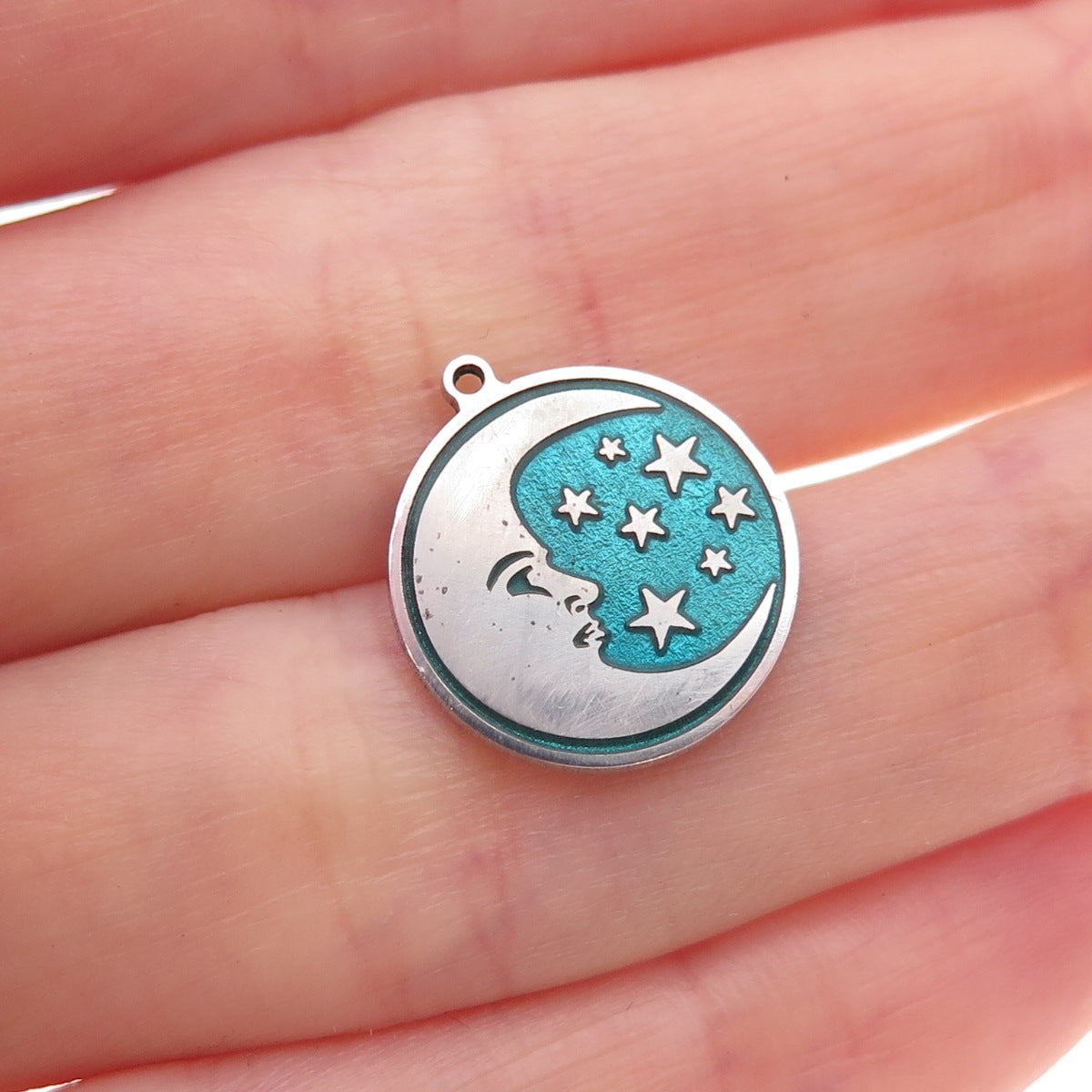 925 Sterling Silver Turquoise Enamel Crescent Moon & Star Charm Pendant